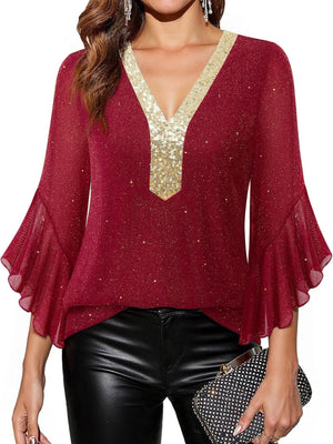 Red sequin v-neck blouse with bell sleeves and gold sequin trim.