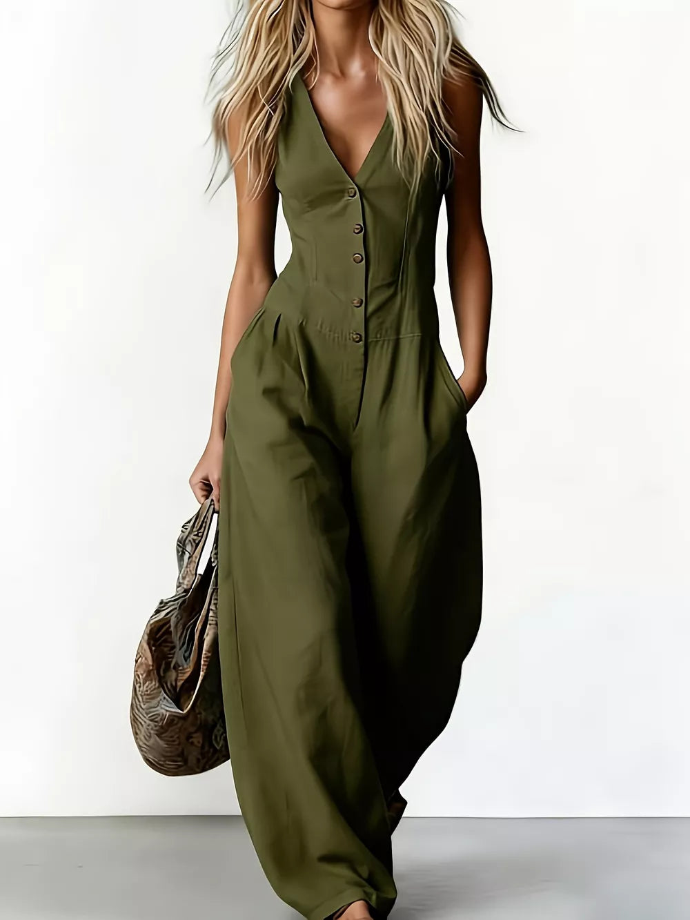 V-neck Button-down Wide-leg Jumpsuit in White, fabric detail