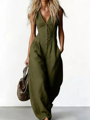 V-neck Button-down Wide-leg Jumpsuit in White, fabric detail