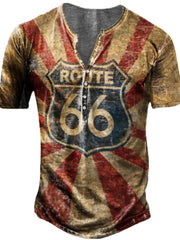 Men's vintage-inspired buttoned henley t-shirt with Route 66 graphic print.