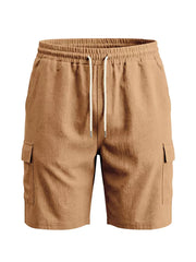 Brown cargo shorts with drawstring waist and crinkled texture