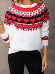 White crew neck sweater with festive red heart motif pattern, acrylic knit.