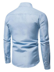 Light blue cotton slim fit shirt with micro-dot pattern, button-down collar, and button cuffs.