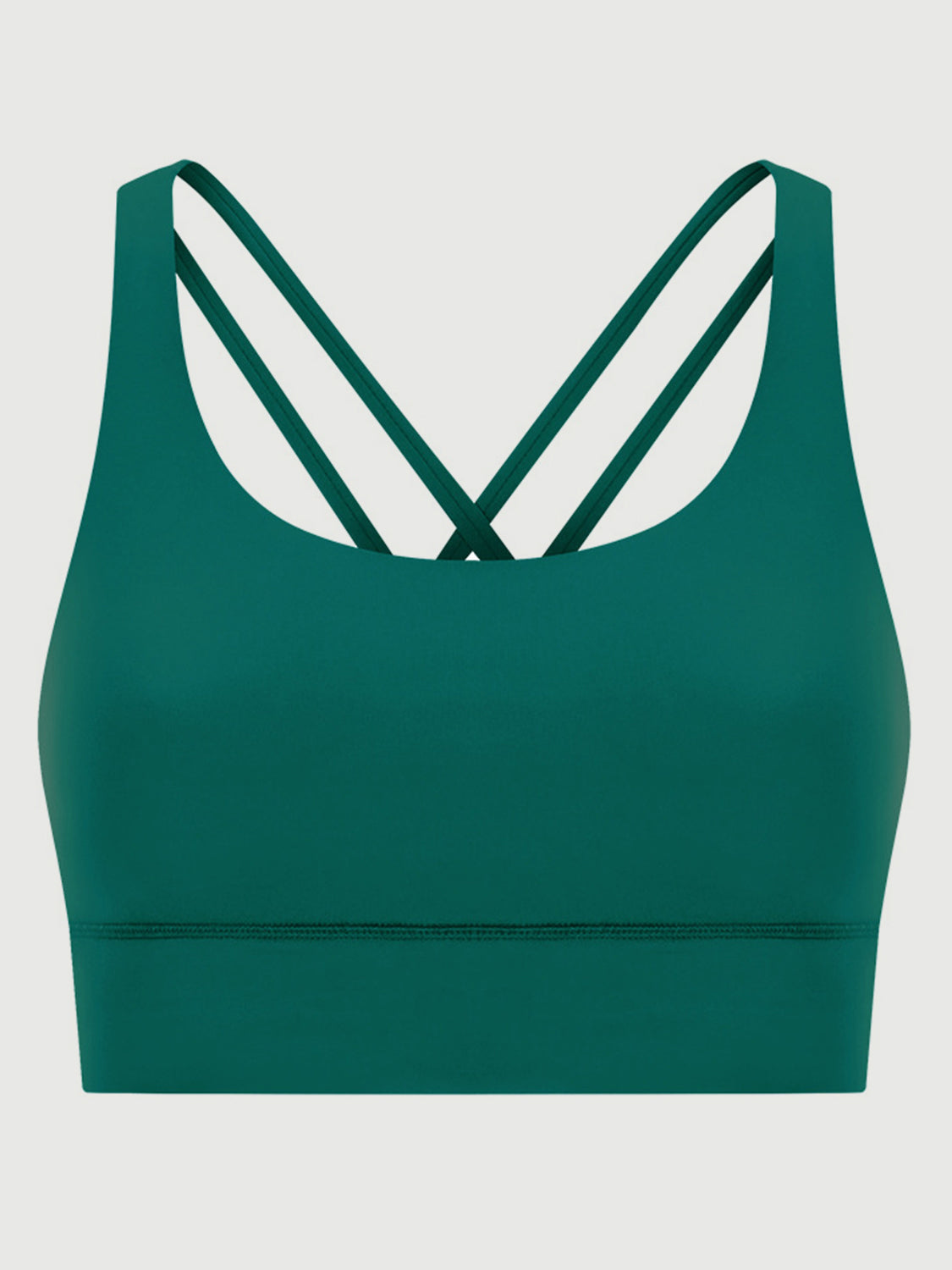 Dark green performance bra with crisscross back straps and a scoop neckline.