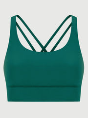Dark green performance bra with crisscross back straps and a scoop neckline.