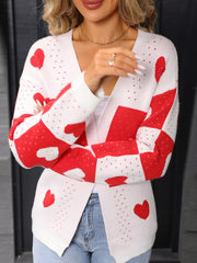 Heartfelt Knit Cardigan with red hearts and checkerboard pattern, V-neck, acrylic.