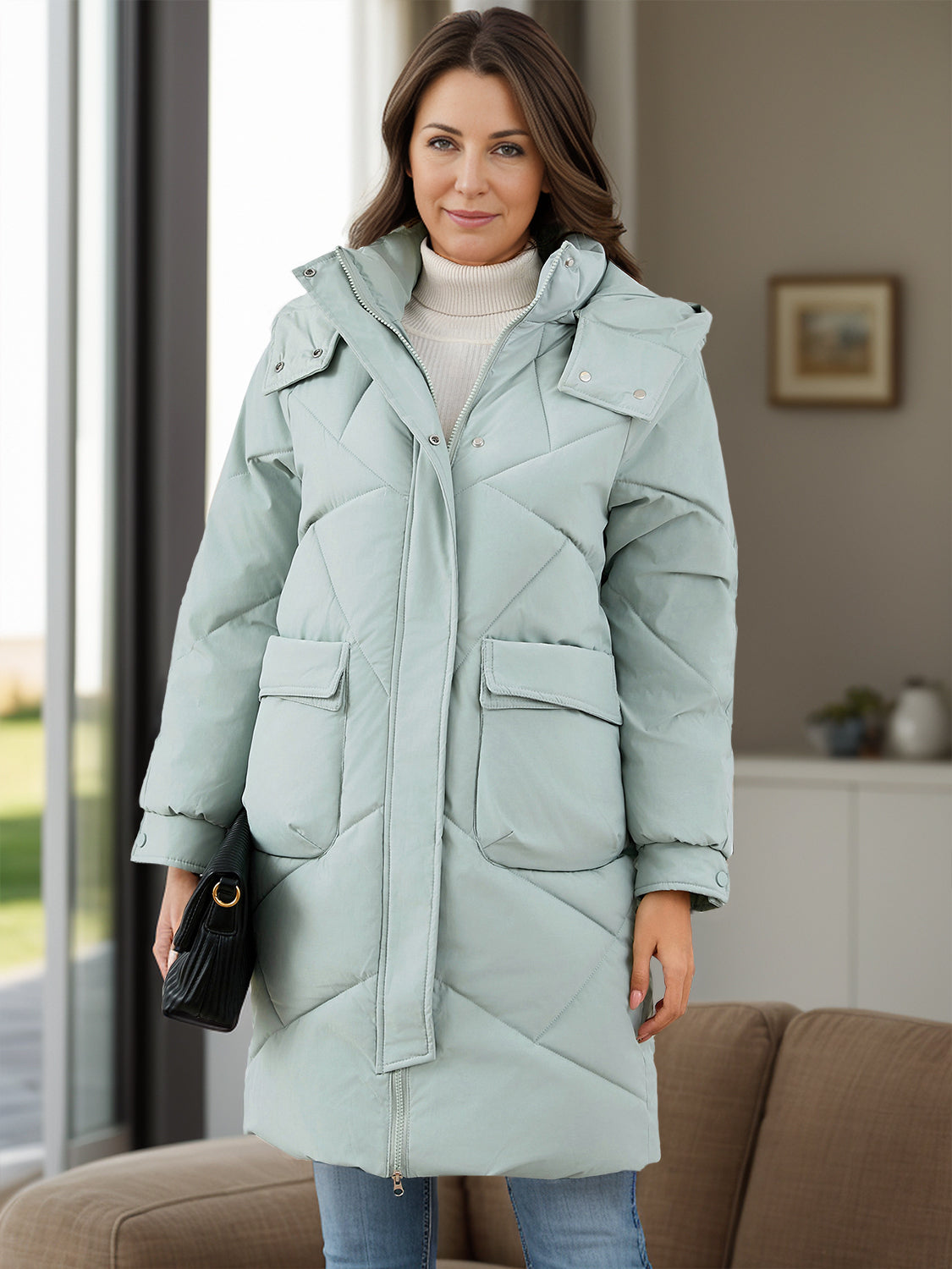 Sage diamond quilted hooded puffer coat with snap flap pockets and zip front.