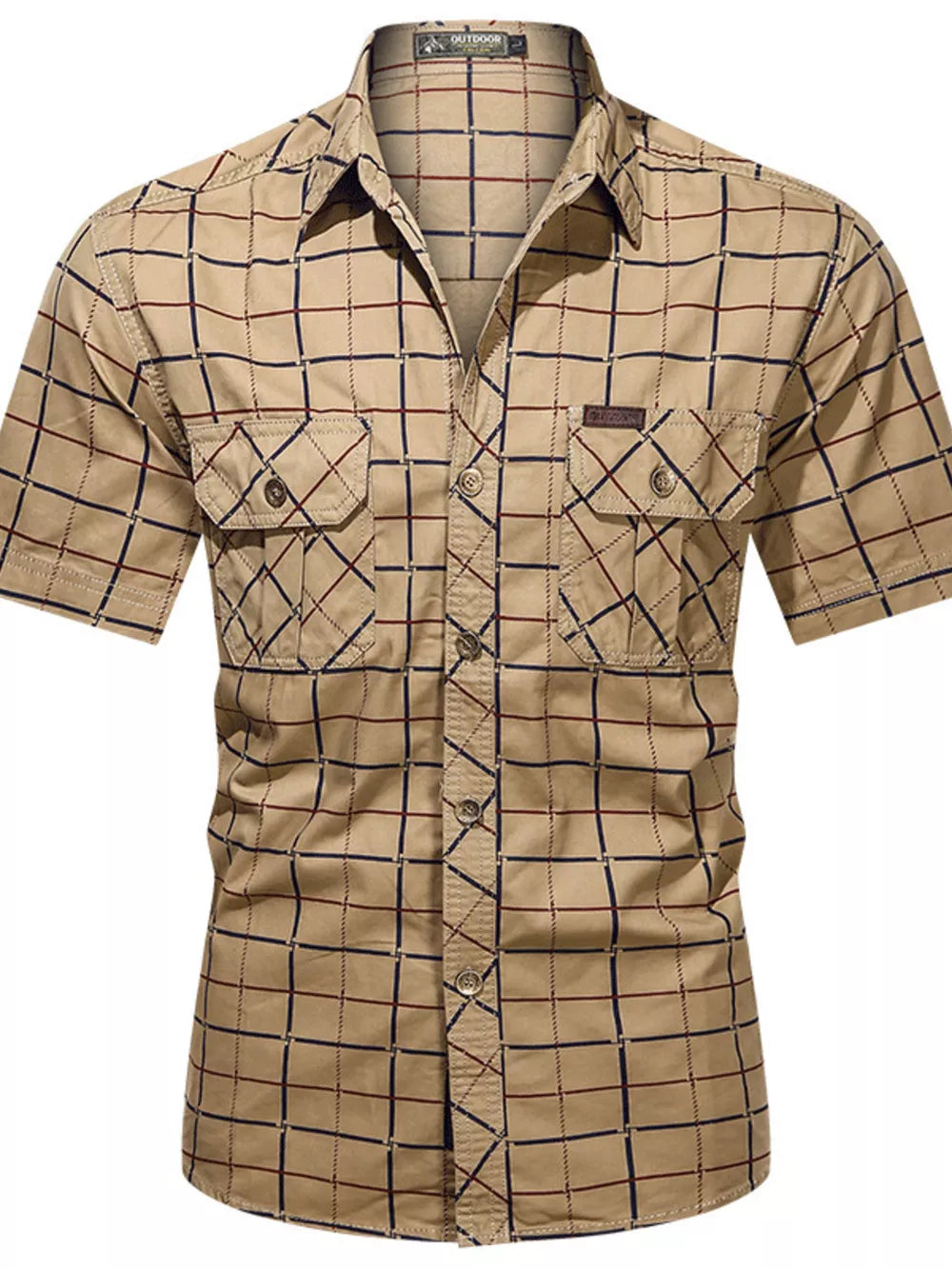 Men's Plus Size Casual Plaid Short-sleeve Shirt in Army Green, front view