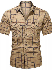 Men's Plus Size Casual Plaid Short-sleeve Shirt in Army Green, front view
