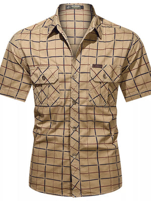 Men's Plus Size Casual Plaid Short-sleeve Shirt in Army Green, front view