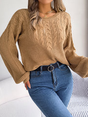 Taupe cable knit drop shoulder pullover sweater with crew neck and balloon sleeves.