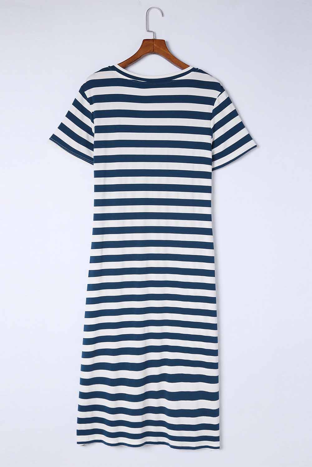 Navy and white striped jersey maxi dress with short sleeves and a round neckline.