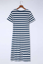 Navy and white striped jersey maxi dress with short sleeves and a round neckline.