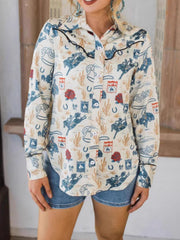 Milky White rodeo-inspired printed long sleeve button-up maternity shirt with cacti and horses.