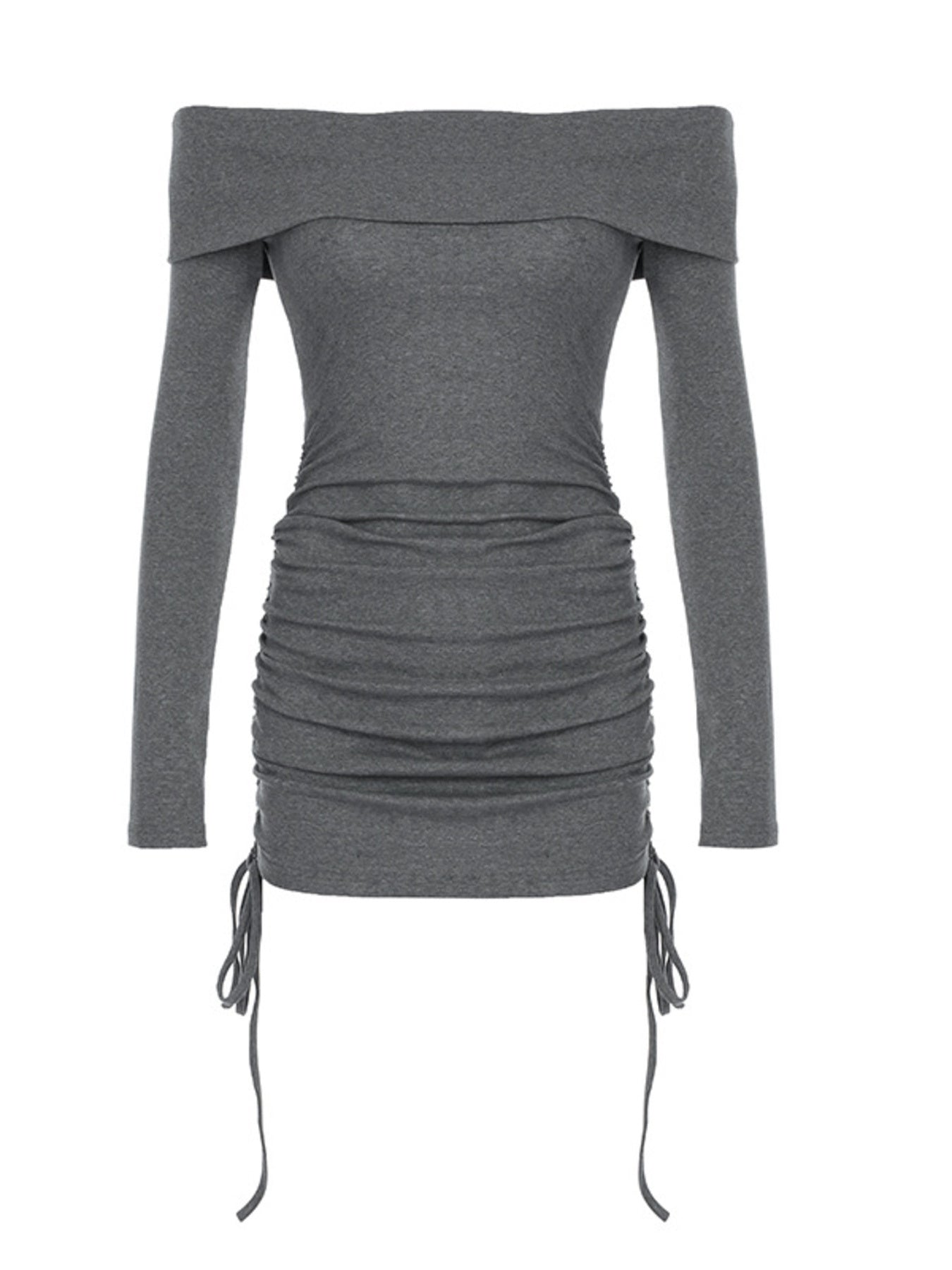 Grey ruched bodycon mini dress with off-the-shoulder neckline and adjustable drawstring sides.