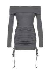 Grey ruched bodycon mini dress with off-the-shoulder neckline and adjustable drawstring sides.