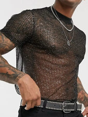 Black glitter mesh mock neck tee with vertical stripes and short sleeves.