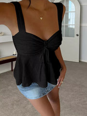 Black eyelet cami with sweetheart neckline and drawstring detail