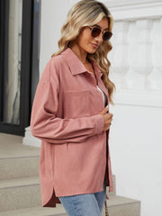 Pink corduroy overshirt with patch pockets and buttoned front.