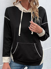 Black cotton hoodie with beige contrast details, drawstring, and contrast stitching.