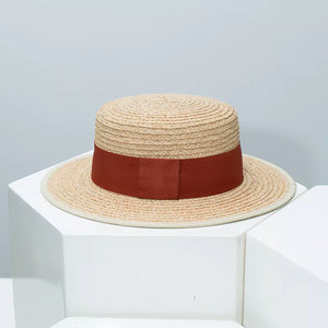 Classic straw boater hat with elegant burgundy band