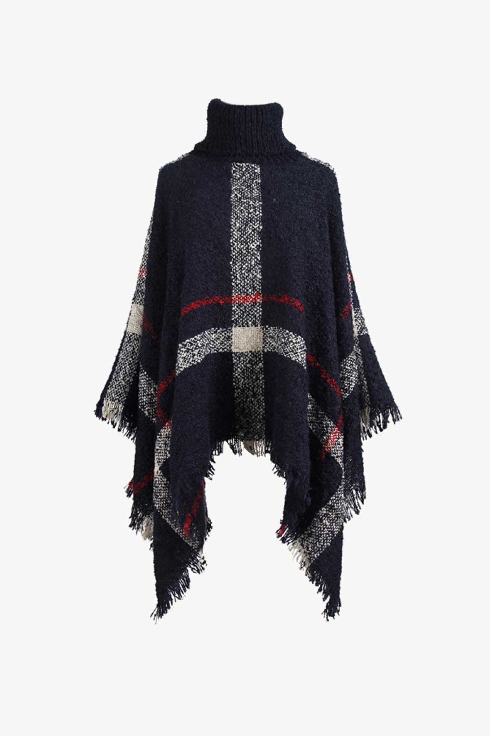 Navy plaid turtleneck cape with fringe detail and textured acrylic knit.