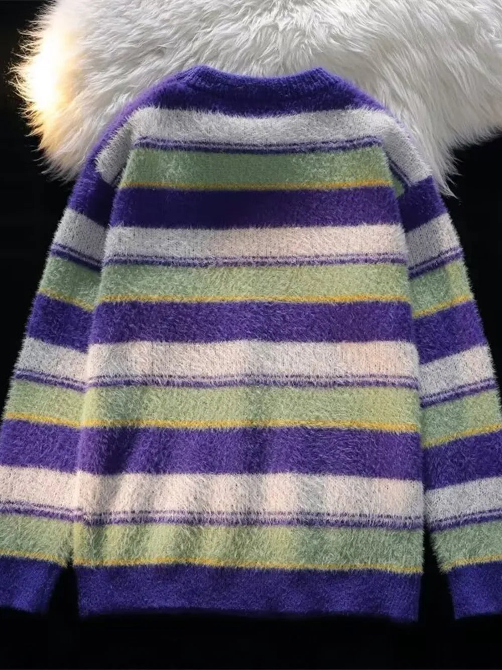 Men's fuzzy knit pullover sweater with colorful horizontal stripes and crew neck.