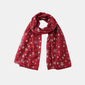 Red scarf with silver snowflake print