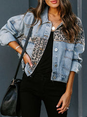 Denim jacket with leopard print panels and distressed details.