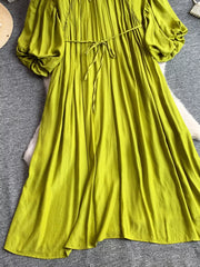 Light green polyester maxi dress with balloon sleeves and drawstring waist