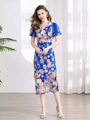 Embroidered Floral Puff Sleeve Midi Dress