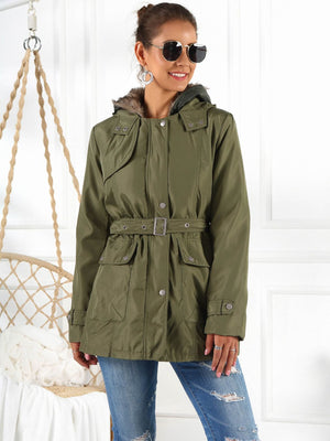Belted utility parka in army green with faux fur hood trim and button pockets.
