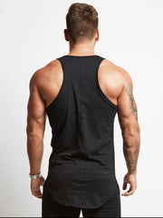 Black racerback tank top with roundneck, showing back view of muscular man.