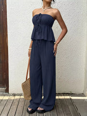 Navy ruffled peplum tube top and drawstring wide-leg pants set