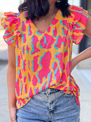 Neon abstract print blouse with ruffle sleeves and V-neck, multicolor