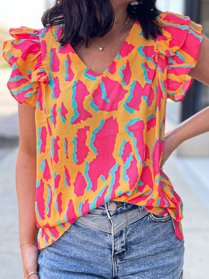 Neon abstract print blouse with ruffle sleeves and V-neck, multicolor
