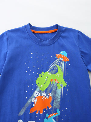 Blue cotton t-shirt with dinosaur and UFO graphic, crew neck, short sleeves.