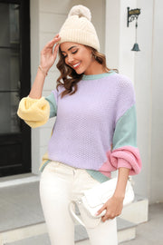 Colorblock knit sweater with sculpted sleeves in lavender, white, yellow, pink, and mint green acrylic.