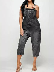 Black denim overalls with button-front and adjustable straps, cropped leg
