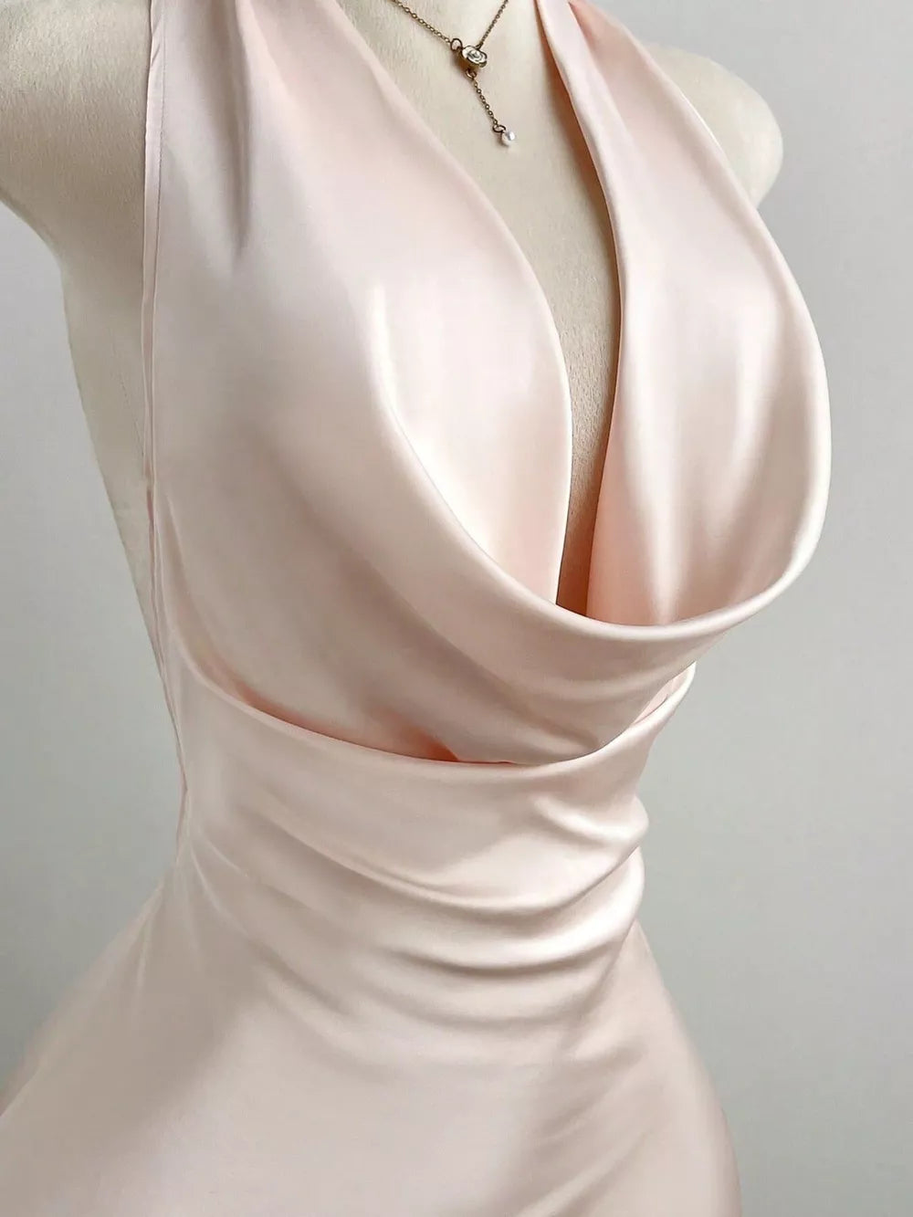 Satin Backless Halter Neck Mini Dress, model styling view