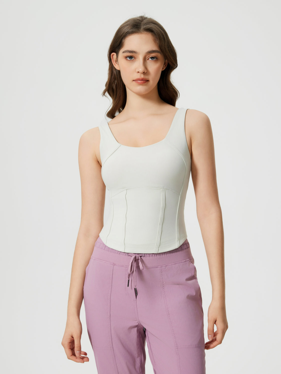 Light blue sculpted seam tank top with built-in support and square neckline.