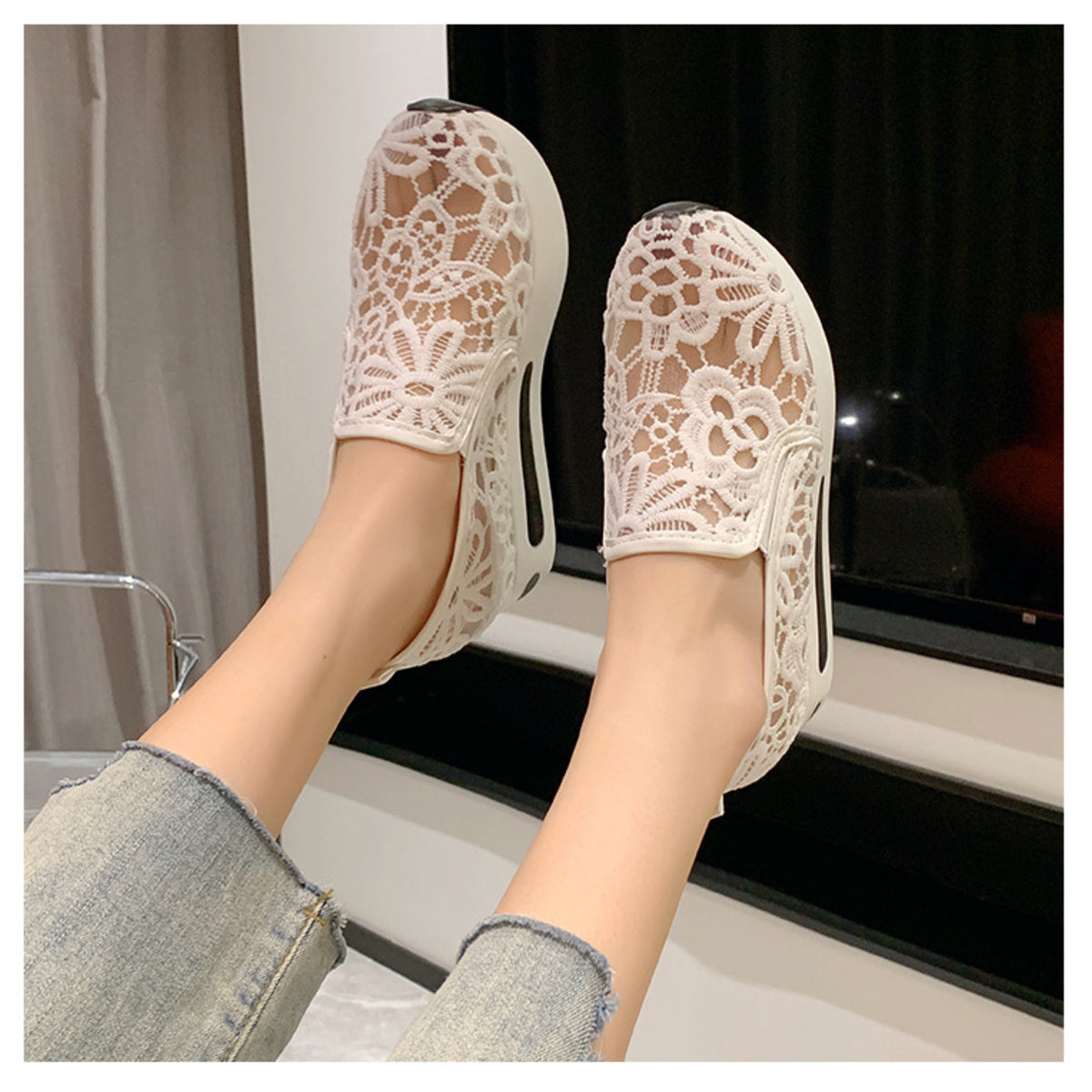 White lace mesh slip-on flats with floral pattern, casual comfort style