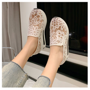 White lace mesh slip-on flats with floral pattern, casual comfort style