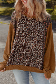 Leopard Floral Print Ribbed Puff Sleeve Sweatshirt in Brown, front view