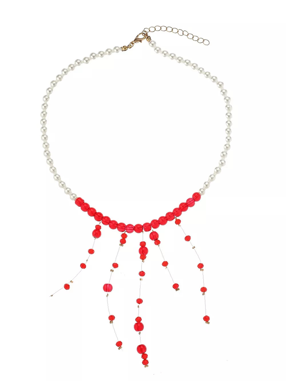18k Gold-plated Synthetic Pearl Dangle Necklace in Deep Red, back view