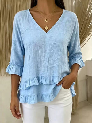 V-neck Ruffle Sleeve Top in White, model styling view