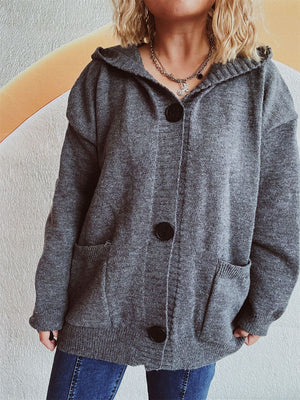 Dark gray chunky knit hooded cardigan with button front and pockets