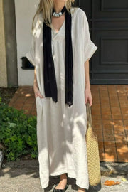 Full Size V-neck Maxi Dress Plus Size in Navy Blue, close-up detail