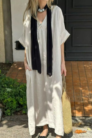 Full Size V-neck Maxi Dress Plus Size in Navy Blue, close-up detail