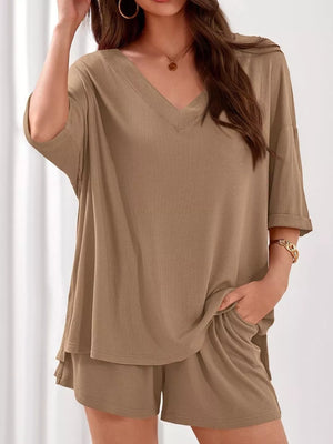 Khaki ribbed V-neck two-piece loungewear set with cuffed sleeves and shorts